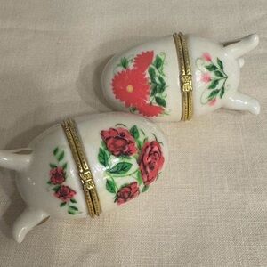 Vintage white porcelain floral hinged egg-shaped trinket box set